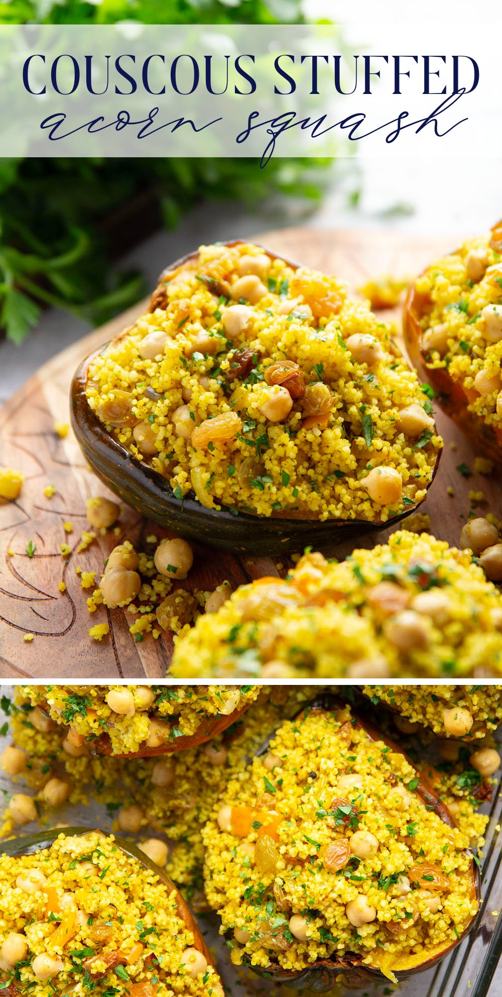 This couscous stuffed acorn squash features fluffy Moroccan-spiced golden couscous piled into tender acorn squash boats.