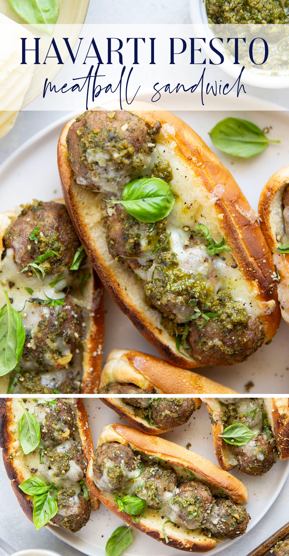 Juicy turkey meatballs are tossed in flavorful basil pesto and baked with lots of gooey havarti cheese in this pesto meatball sandwich.