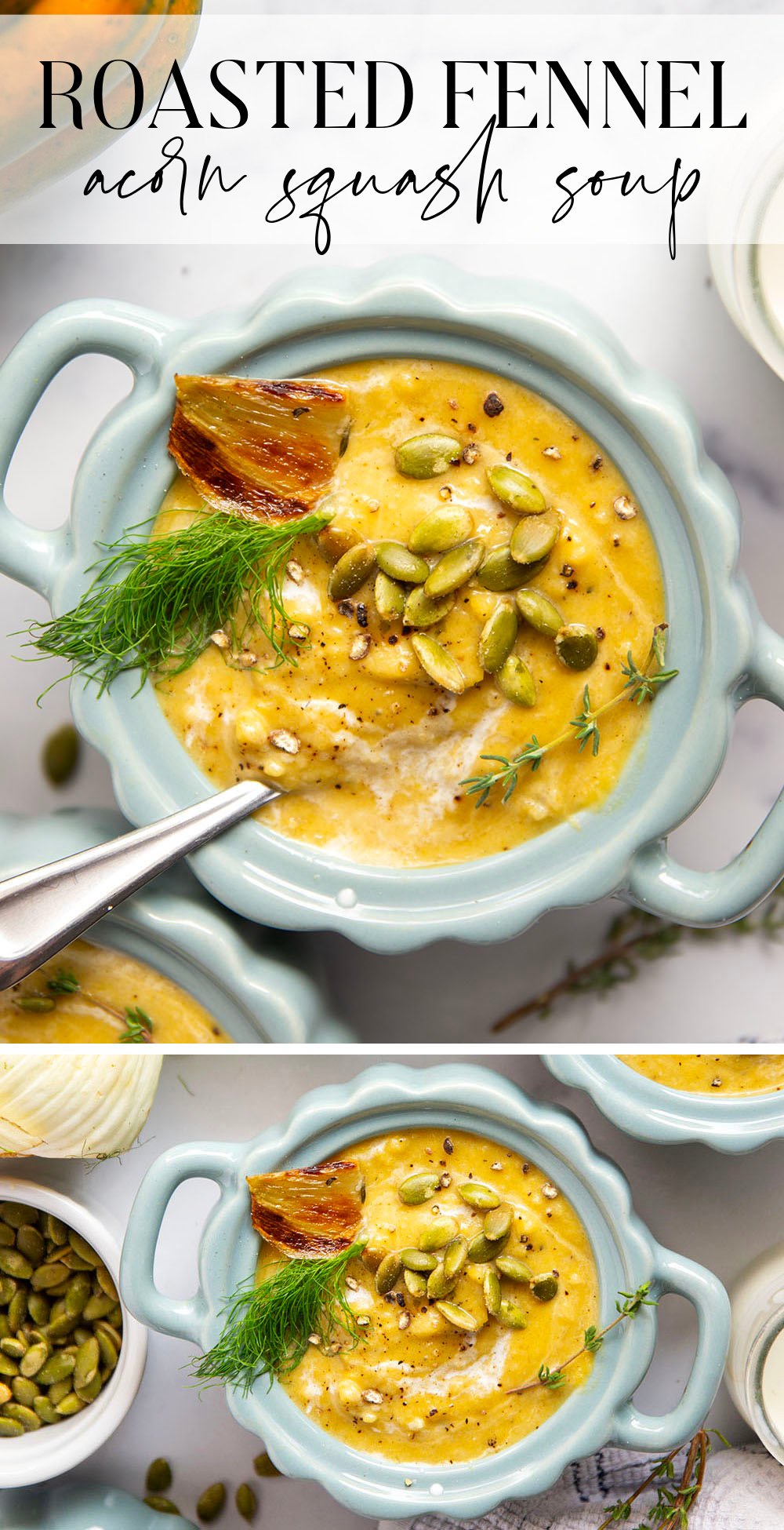 Deeply flavorful roasted fennel and acorn squash are the best soup pairing in this rich and velvety fennel acorn squash soup.