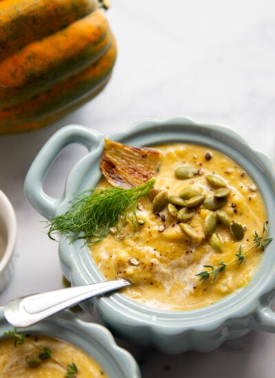 Deeply flavorful roasted fennel and acorn squash are the best soup pairing in this rich and velvety fennel acorn squash soup.