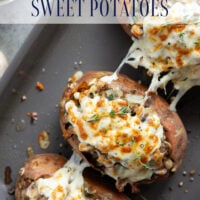 These mushroom sausage stuffed sweet potatoes feature a flavorful Italian sausage mushroom filling stuffed into fluffy baked sweet potatoes and baked with lots of gooey mozzarella on top.