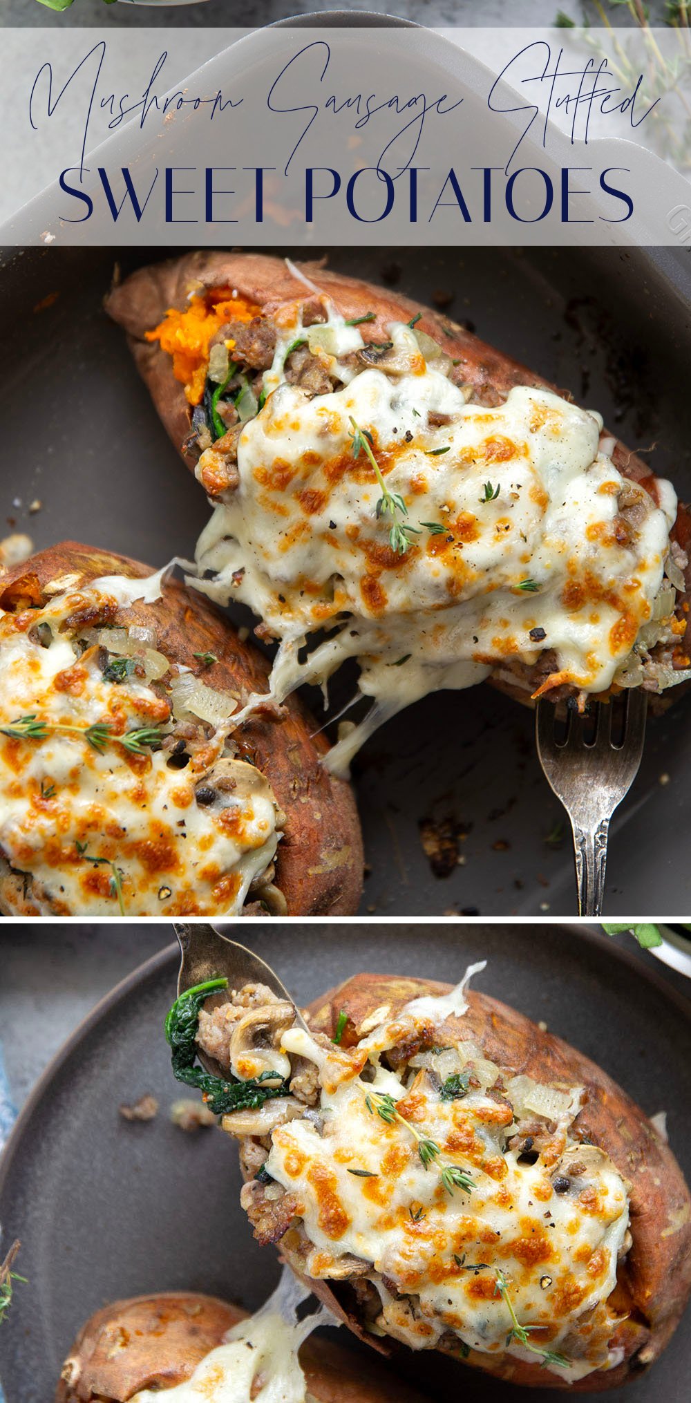 These mushroom sausage stuffed sweet potatoes feature a flavorful Italian sausage mushroom filling stuffed into fluffy baked sweet potatoes and baked with lots of gooey mozzarella on top.