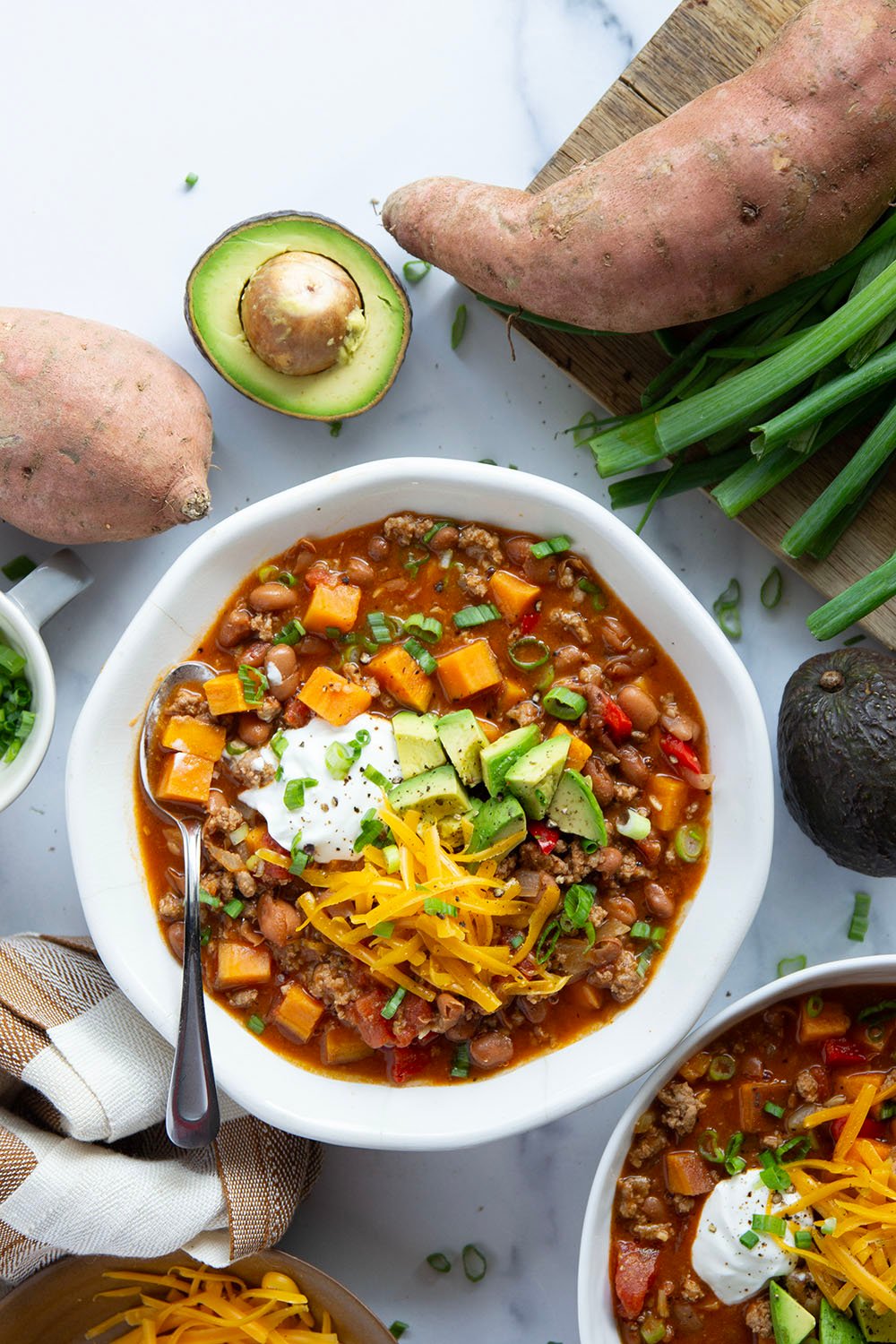 This sweet potato turkey chili is packed with tons of texture from tender sweet potatoes and on the leaner side thanks to the ground turkey!