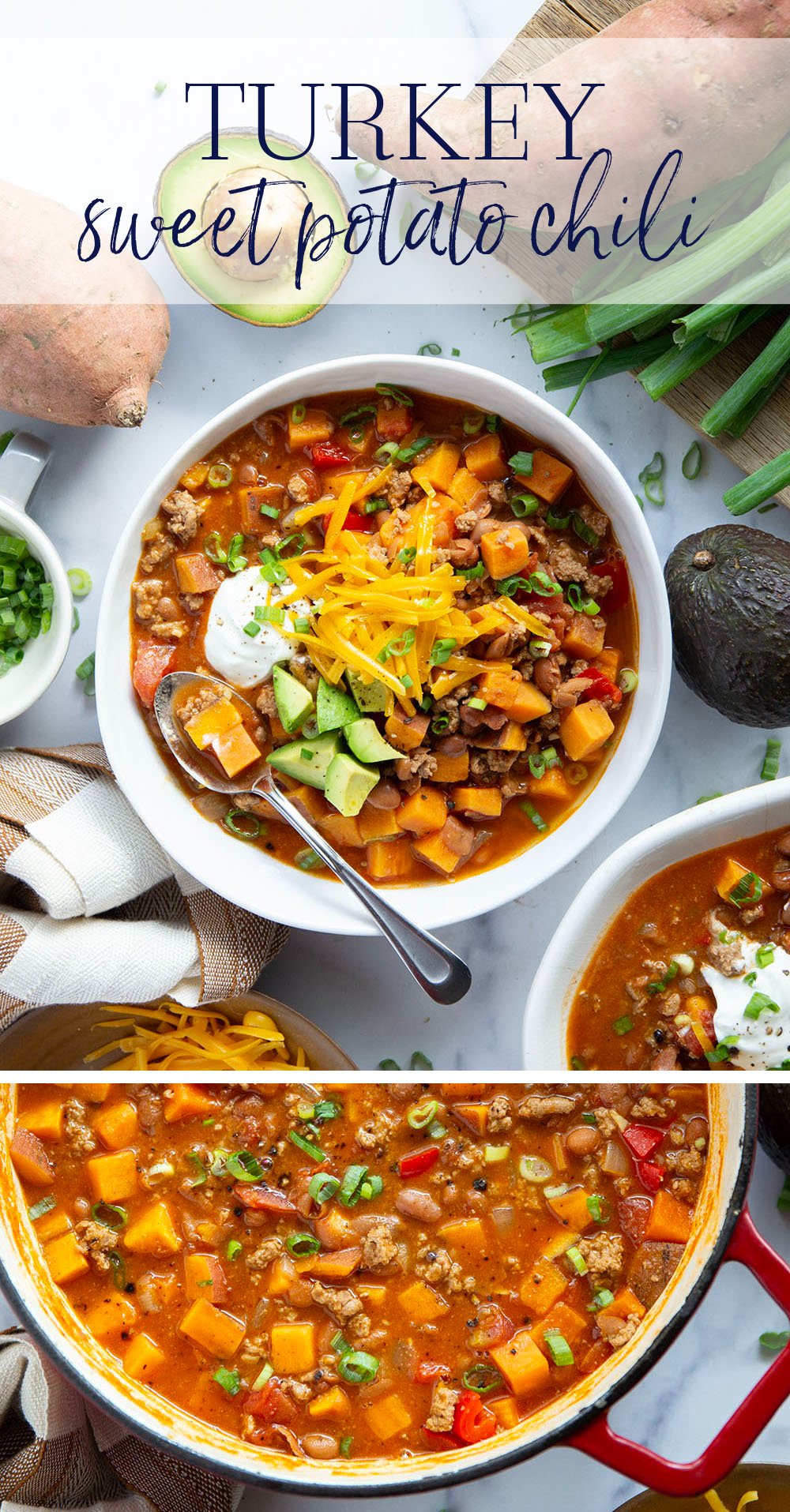 This sweet potato turkey chili is packed with tons of texture from tender sweet potatoes and on the leaner side thanks to the ground turkey!