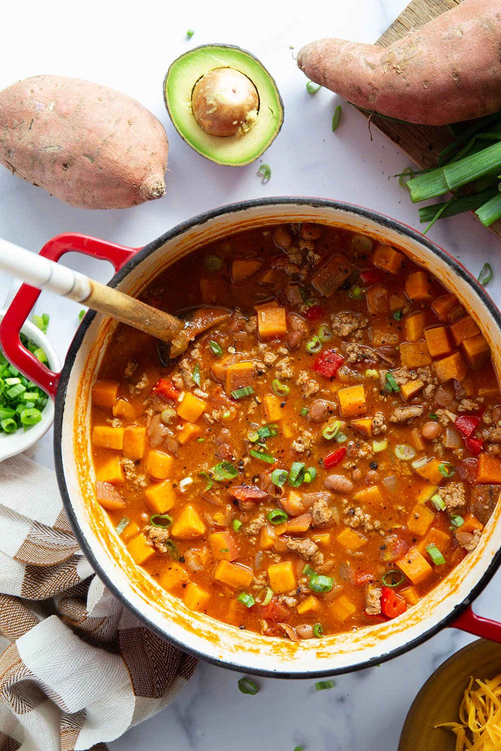 This sweet potato turkey chili is packed with tons of texture from tender sweet potatoes and on the leaner side thanks to the ground turkey!