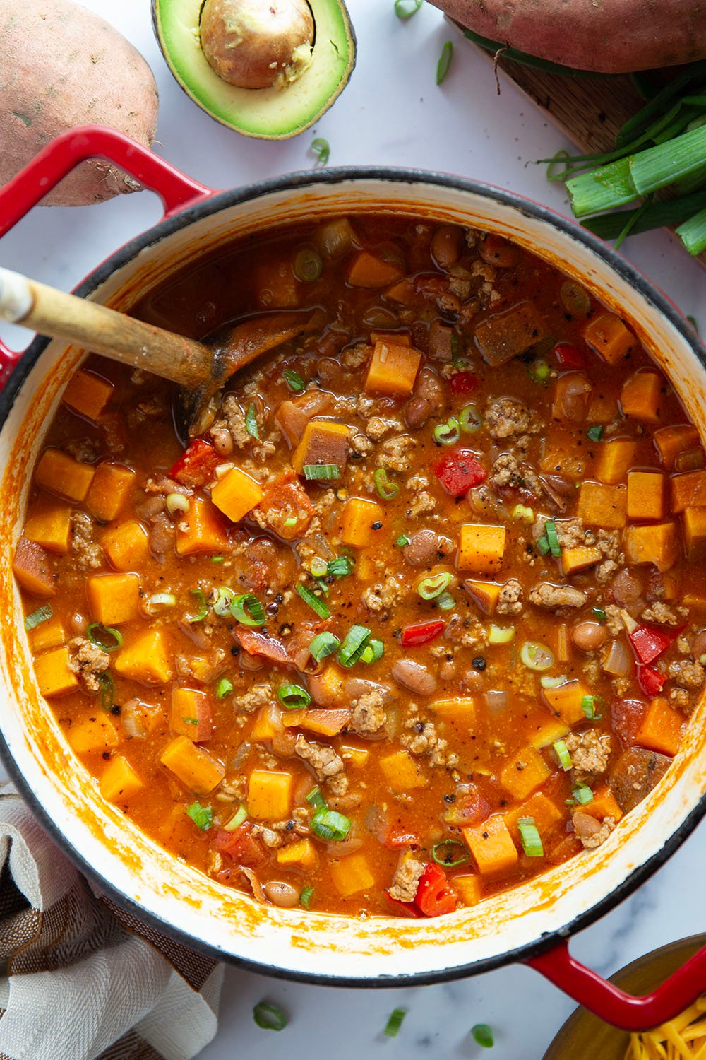This sweet potato turkey chili is packed with tons of texture from tender sweet potatoes and on the leaner side thanks to the ground turkey!