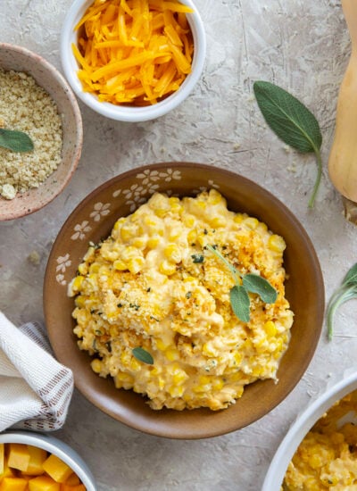 Creamy roasted butternut squash adds an amazing silky texture to this butternut squash creamed corn that gets topped with crispy sage breadcrumbs.