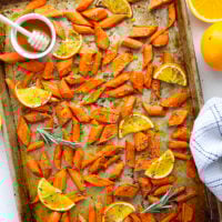 Glazed in a sweet and citrusy honey orange sauce and roasted until perfectly tender, these honey orange roasted carrots are an easy side dish that always pleases.