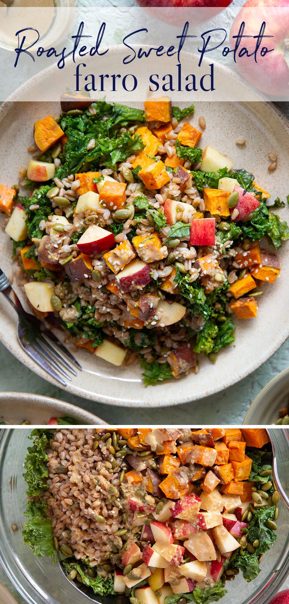 Tender roasted sweet potatoes and hearty farro add plenty of bulk to this fall-flavored sweet potato farro salad that gets dressed with a savory sesame dressing.