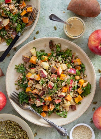 Tender roasted sweet potatoes and hearty farro add plenty of bulk to this fall-flavored sweet potato farro salad that gets dressed with a savory sesame dressing.