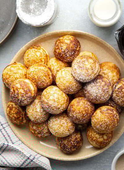 Traditional ebelskivers feature a buttermilk batter pan-fried into balls until crispy and golden on the outside and perfectly fluffy on the inside. Serve this classic Danish breakfast with your choice of sugar, maple syrup, or jam!