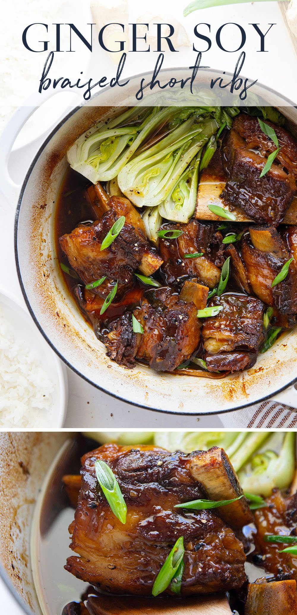 Slowly cooked in a flavorful ginger soy broth until fall-apart tender, these soy braised short ribs are easy to put together for a holiday dinner and excellent served over steamed rice with baby bok choy.
