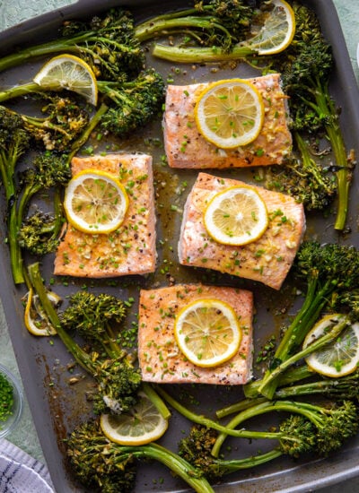 Roasted all on one sheet pan in only 30 minutes, this lemon Dijon salmon is roasted alongside tender broccolini in a fresh and zingy lemon Dijon sauce.