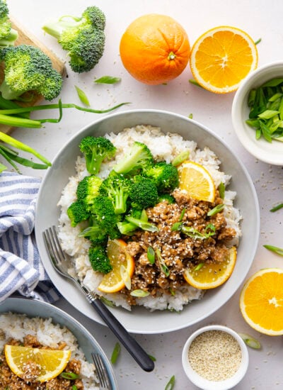 Made with lean ground chicken and piled into nourishing rice bowls, this orange ground chicken is an easy, budget-friendly version of classic orange chicken that comes together in only 30 minutes.