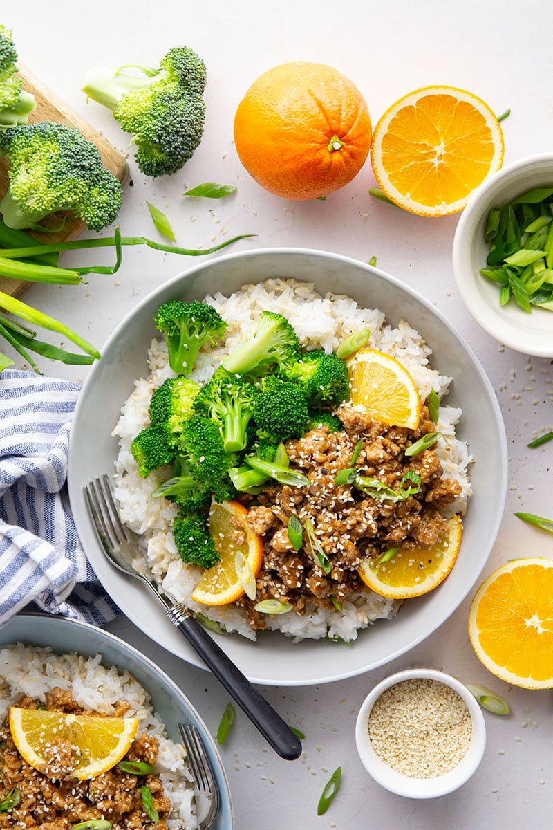 Orange Ground Chicken Rice Bowls