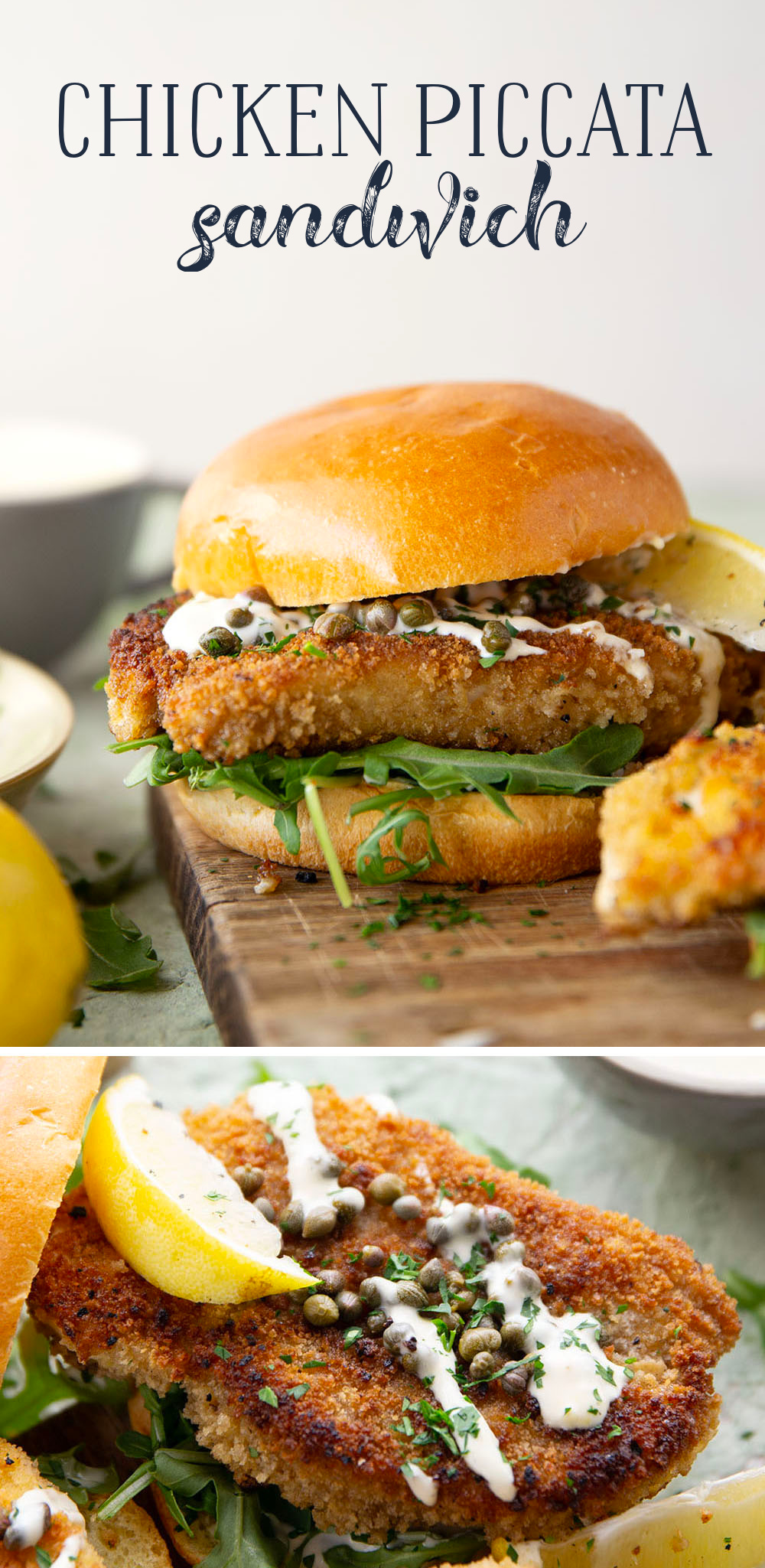This chicken piccata sandwich feature all the things you love about classic chicken piccata in sandwich form! Fluffy brioche buns with crispy chicken cutlets squeezed with fresh lemon, tangy capers, peppery argula, and a creamy lemon aioli.