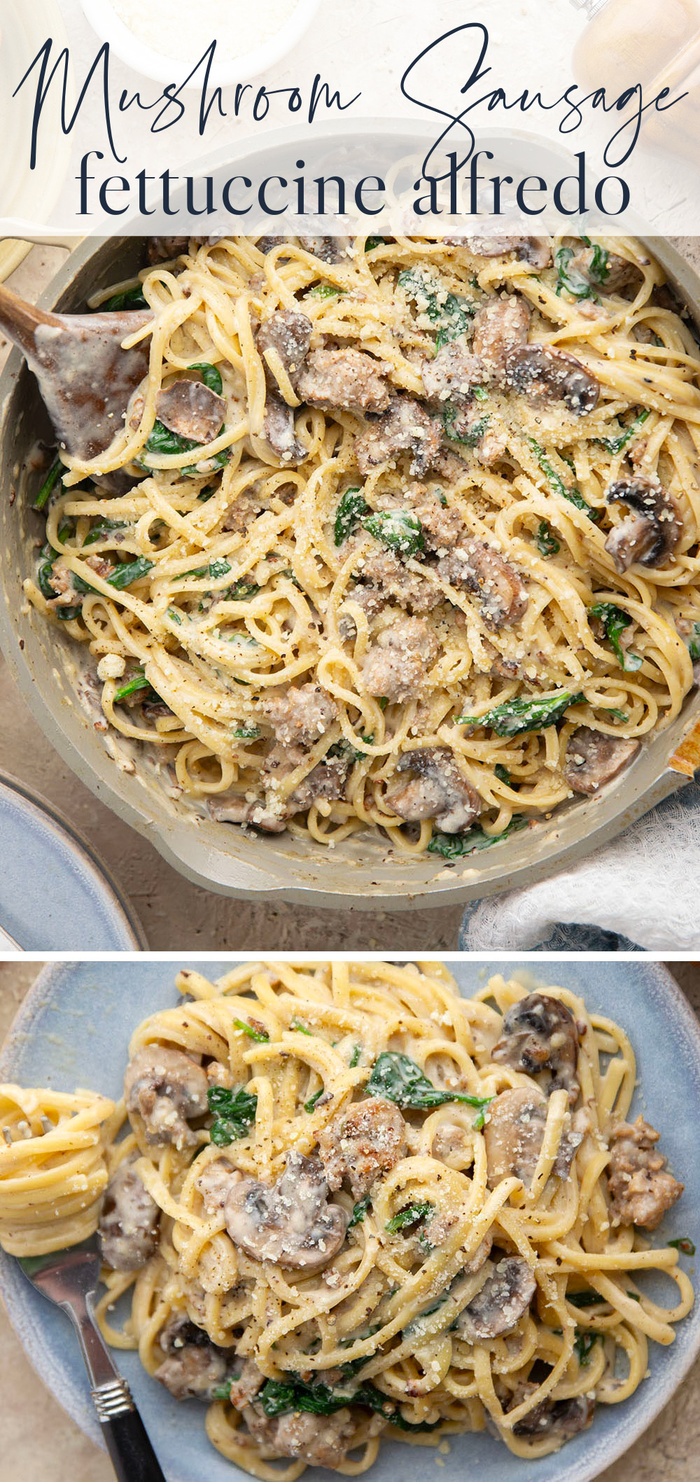 Tender sauteed mushrooms, sausage, and spinach spruce up this creamy sausage fettuccine alfredo into a luxurious pasta dinner.