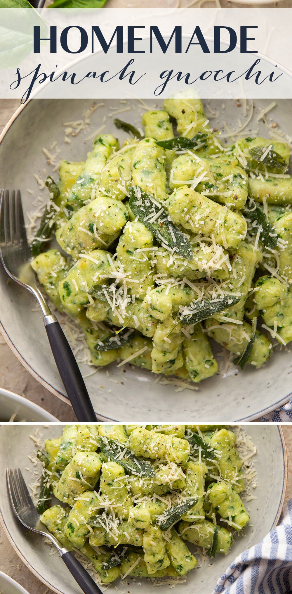 Light and fluffy homemade spinach gnocchi is packed with vibrant fresh spinach and tossed in a sage browned butter and lots of fresh Parmesan.
