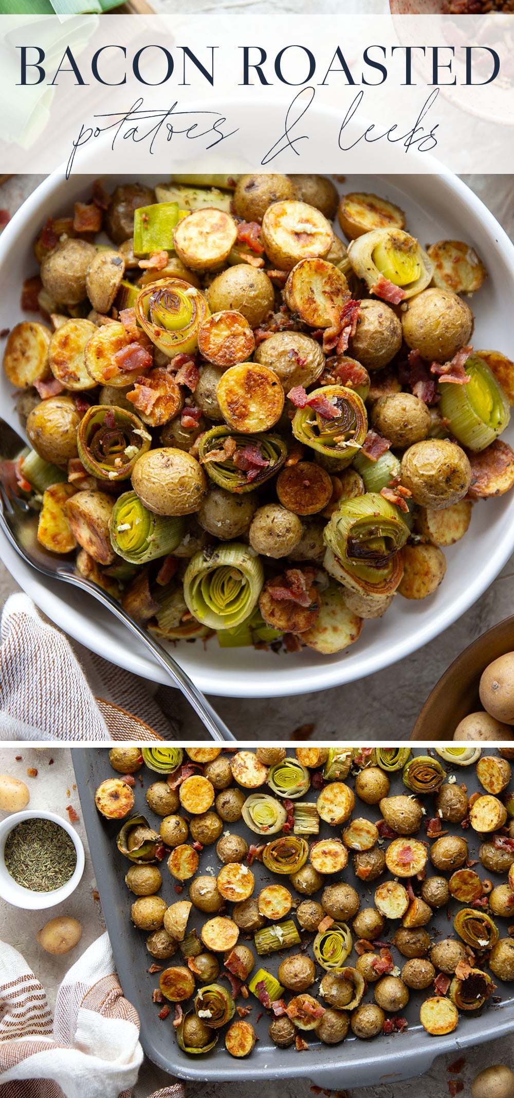 Roasted in flavorful bacon drippings until perfectly crispy and tender and tossed with crisp bacon bits, these roasted potatoes and leeks are the easiest side dish that goes well with any meal.