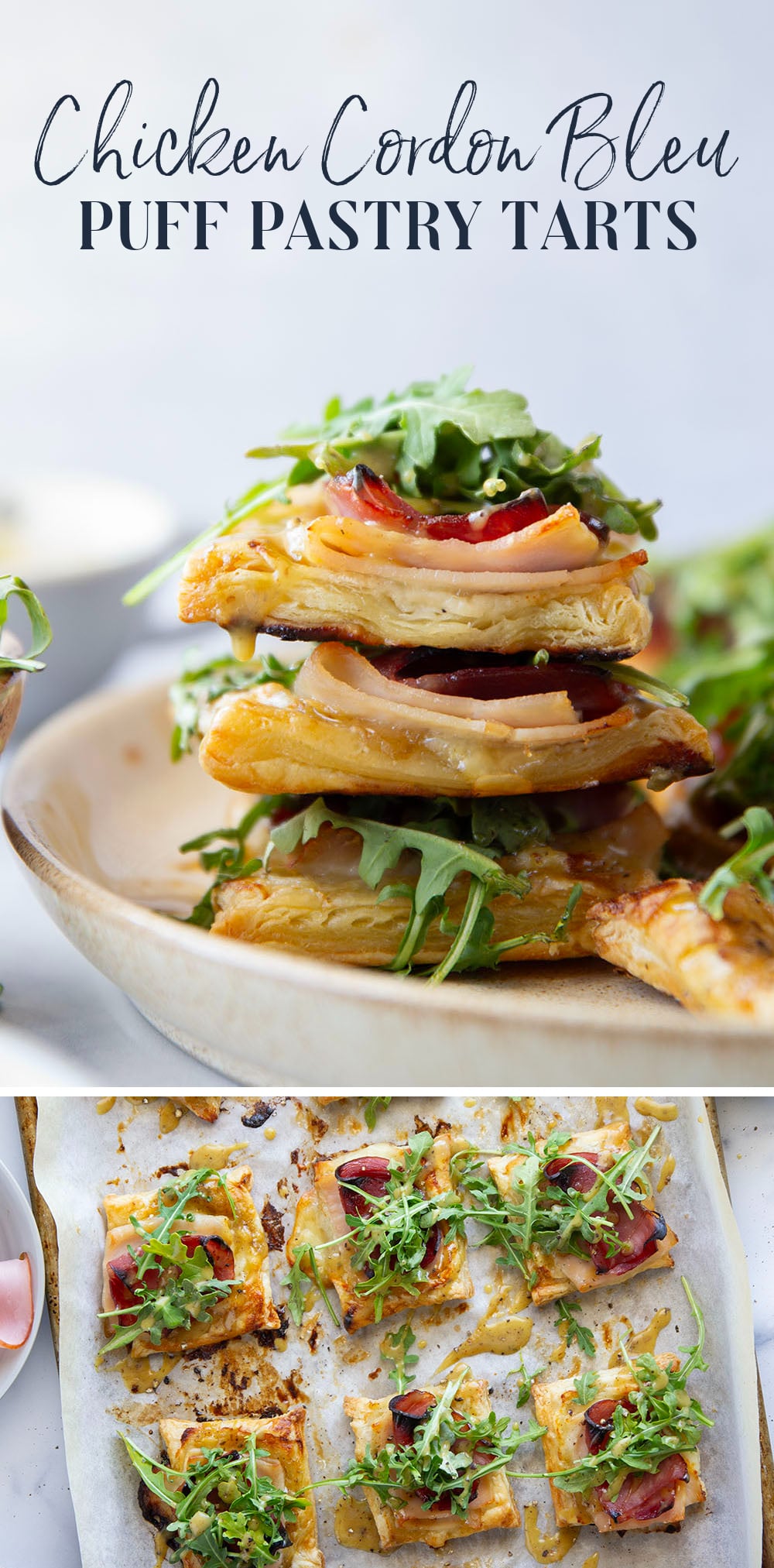 These savory cordon bleu puff pastry tarts have everything you'll find in the classic chicken dish in hand-held tart form! These tarts feature layers of deli ham, chicken, and Swiss cheese slices with a tangy honey mustard and lots of arugula piled on top.