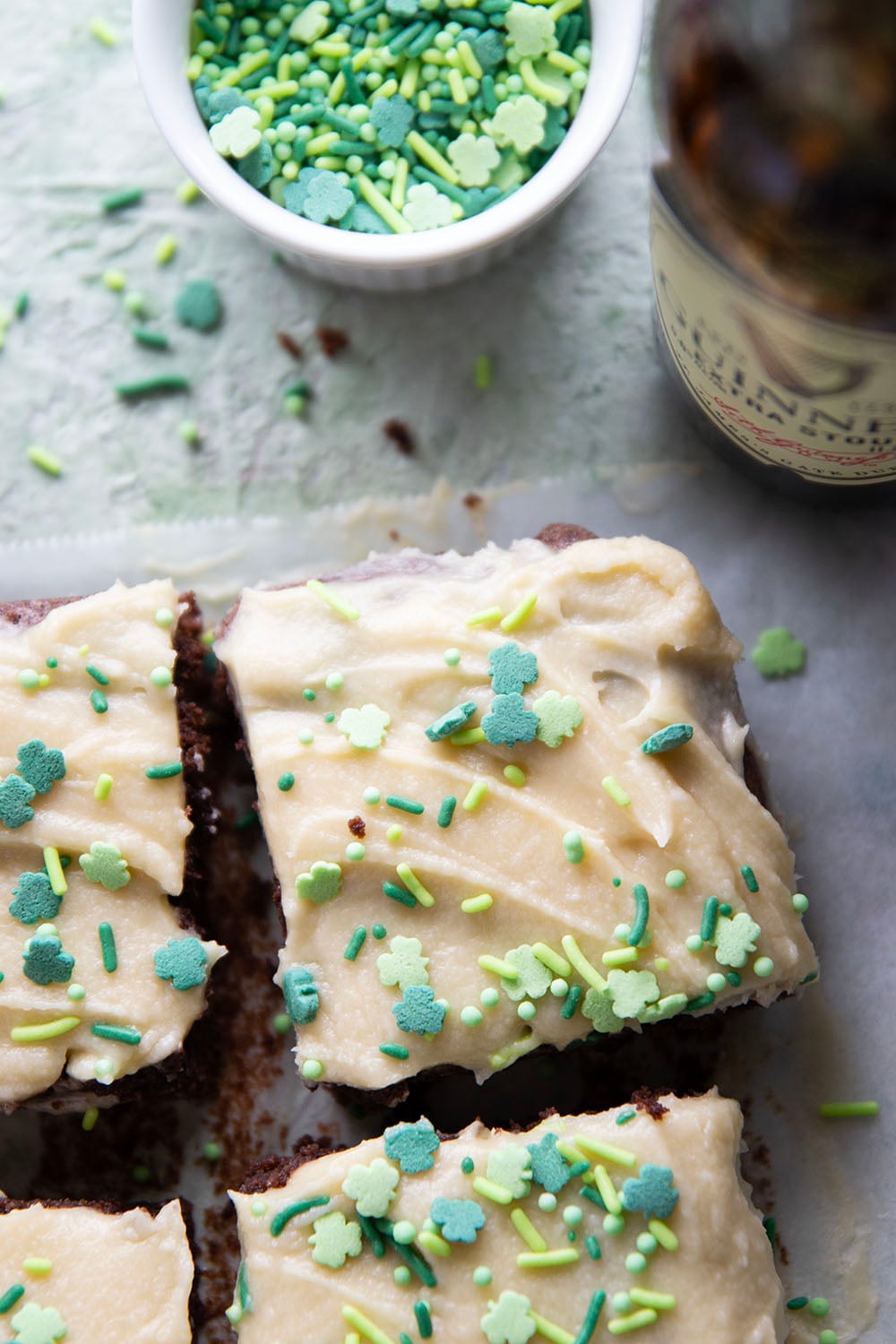 Robust Guinness beer gives these Guinness brownies a rich, complex flavor that pairs wonderfully with the dark chocolate and a creamy Irish cream frosting.