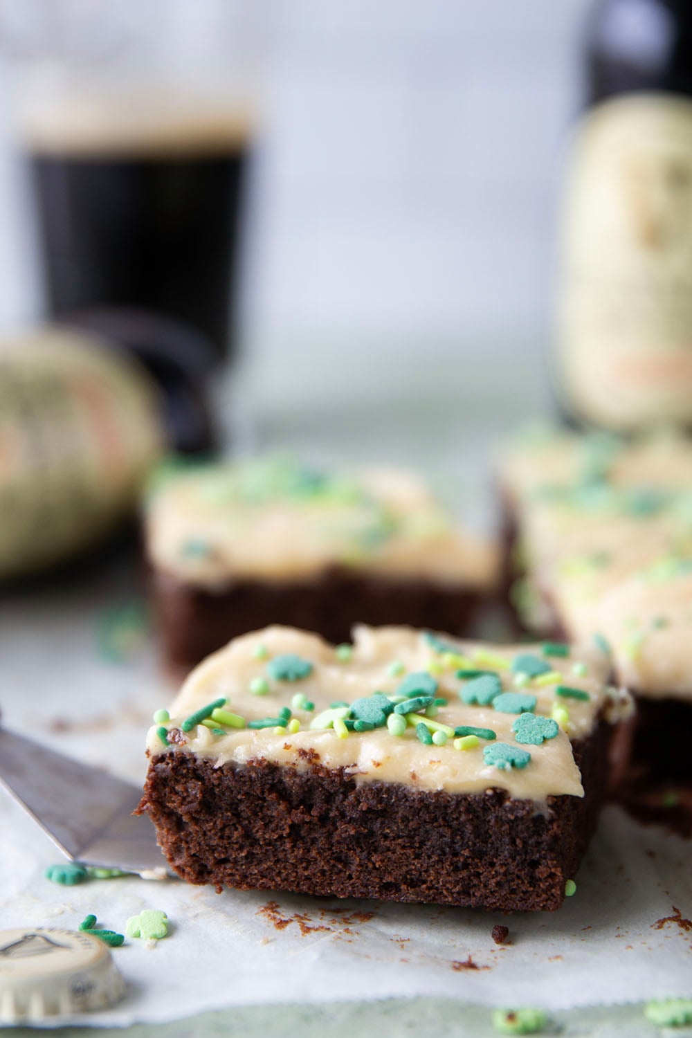 Robust Guinness beer gives these Guinness brownies a rich, complex flavor that pairs wonderfully with the dark chocolate and a creamy Irish cream frosting.