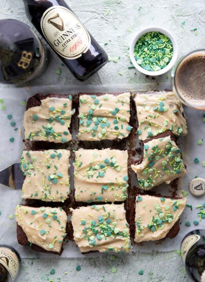 Robust Guinness beer gives these Guinness brownies a rich, complex flavor that pairs wonderfully with the dark chocolate and a creamy Irish cream frosting.