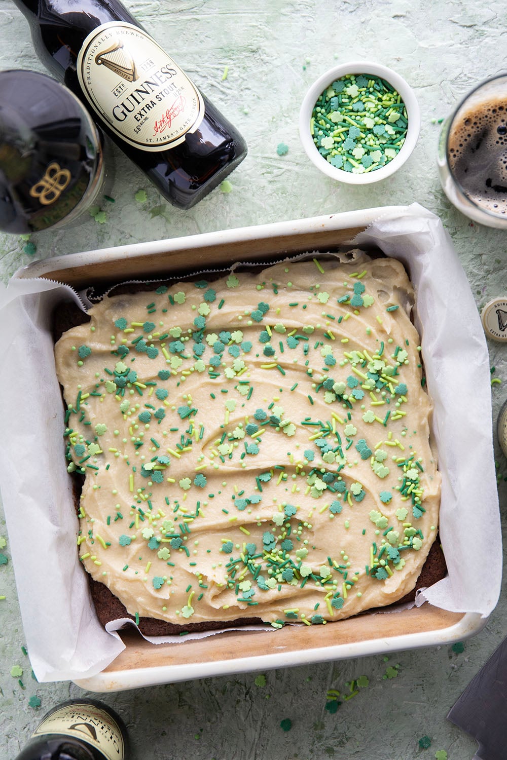 Robust Guinness beer gives these Guinness brownies a rich, complex flavor that pairs wonderfully with the dark chocolate and a creamy Irish cream frosting.