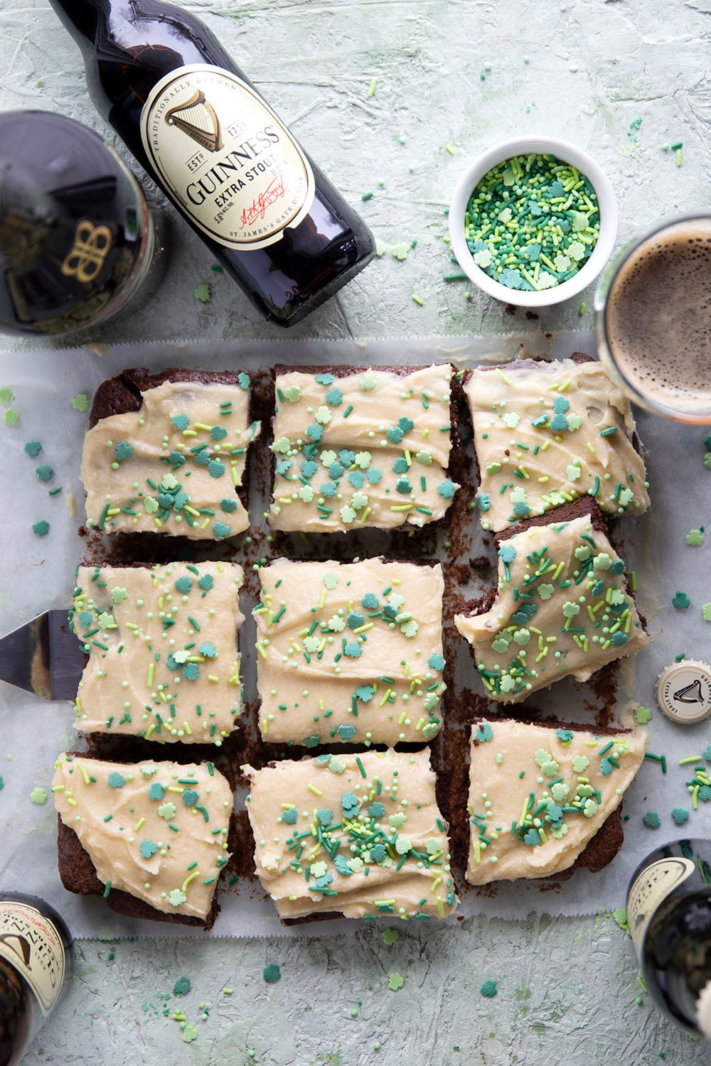 Robust Guinness beer gives these Guinness brownies a rich, complex flavor that pairs wonderfully with the dark chocolate and a creamy Irish cream frosting.