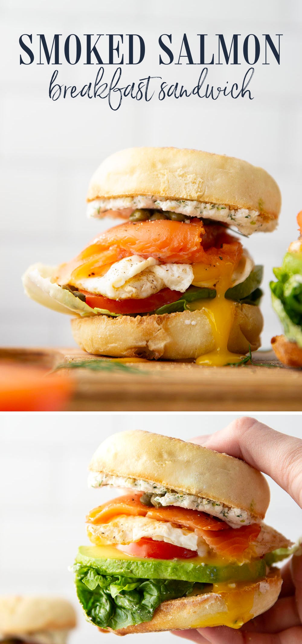 A creamy herbed goat cheese spread and all the breakfast works are packed into this hearty smoked salmon breakfast sandwich.