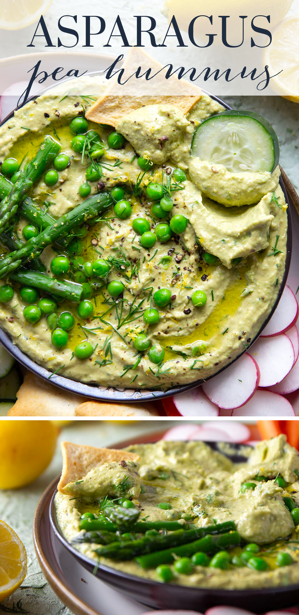 Vibrant spring peas and asparagus are the best spring twist on hummus! This asparagus pea hummus is silky smooth and pairs wonderfully with fresh vegetables and pita chips for dipping.
