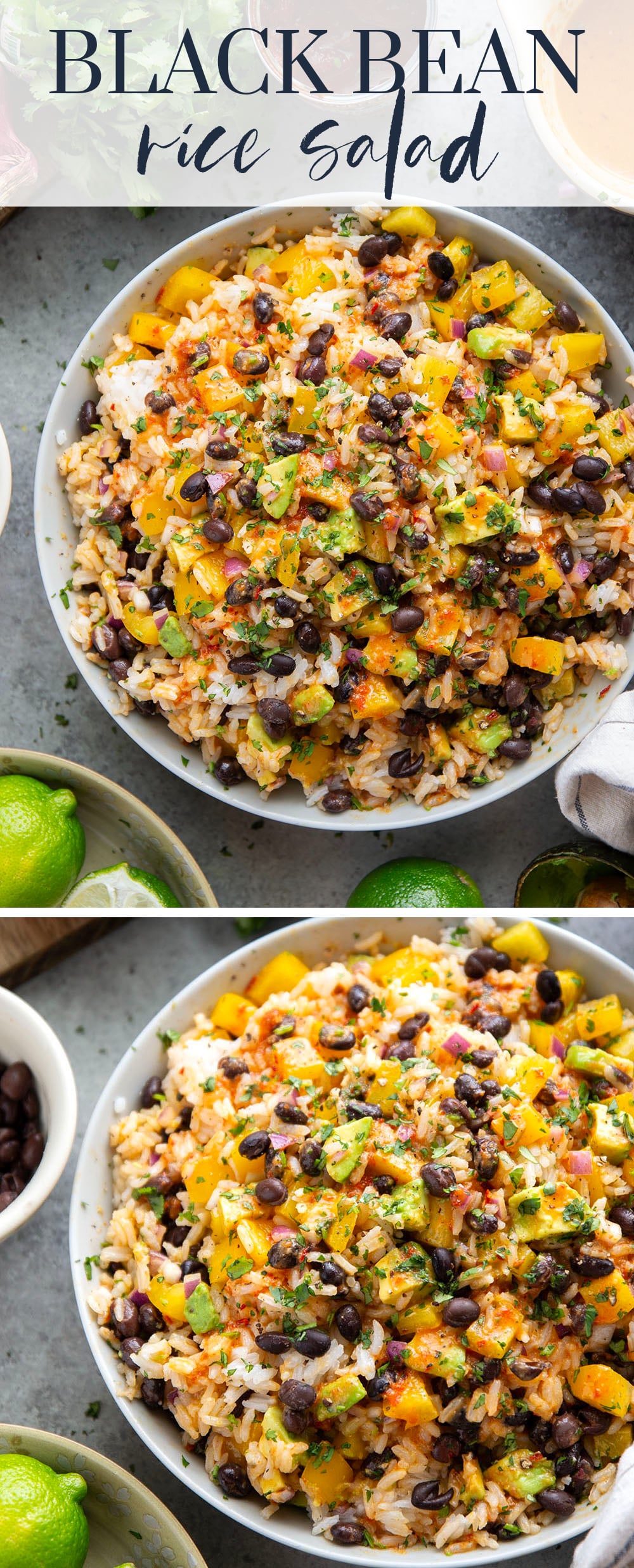 This black bean rice salad features fluffy steamed rice with black beans, sweet peppers, and avocado dressed in a sweet and spicy honey chipotle dressing.