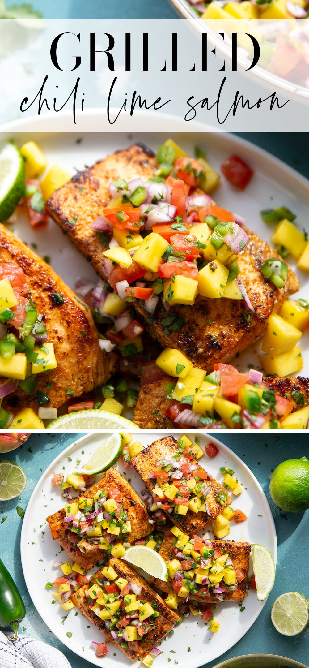 Marinated in a fresh lime and chili sauce, grilled to perfection, and topped with a super fresh mango salsa, this grilled chili lime salmon is an easy dinner that's full of flavor!