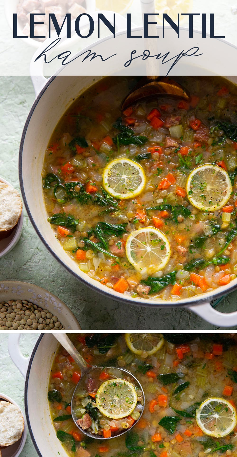 Tender lentils and lots of fresh lemon jazz up this hearty lentil ham soup that comes together all in one pot and is the best use for leftover ham!