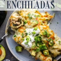Flavorful poblanos and ground turkey make up a hearty filling in these ground turkey enchiladas that bake up with a cheesy white enchilada sauce on top and lots of toppings.