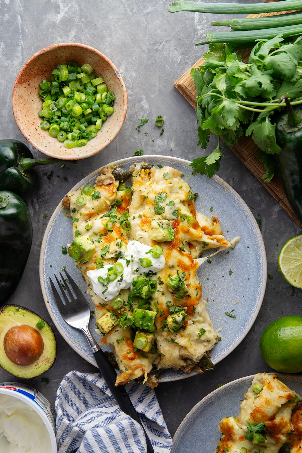 Flavorful poblanos and ground turkey make up a hearty filling in these ground turkey enchiladas that bake up with a cheesy white enchilada sauce on top and lots of toppings.