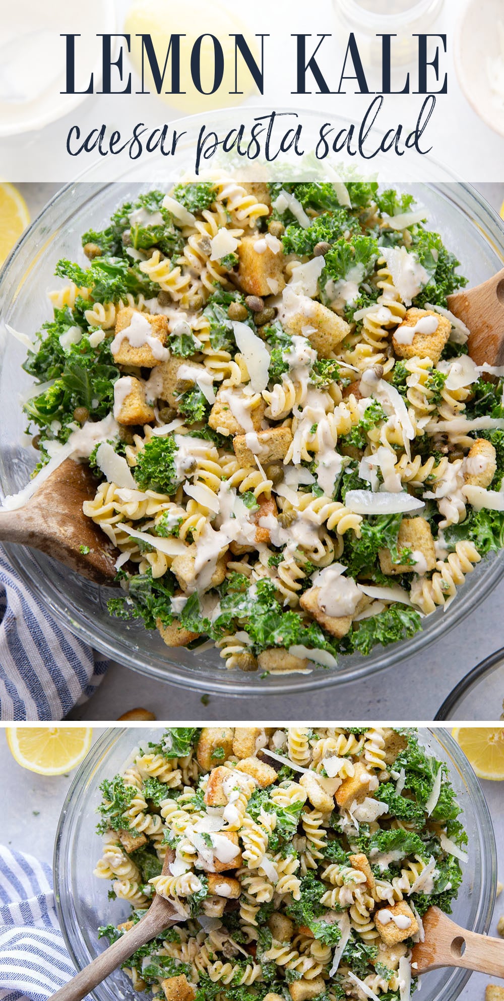 Packed with tender chopped kale, pasta, and all the caesar salad works including a homemade lemon caesar dressing, this kale caesar pasta salad will soon be a cookout staple for the summer.