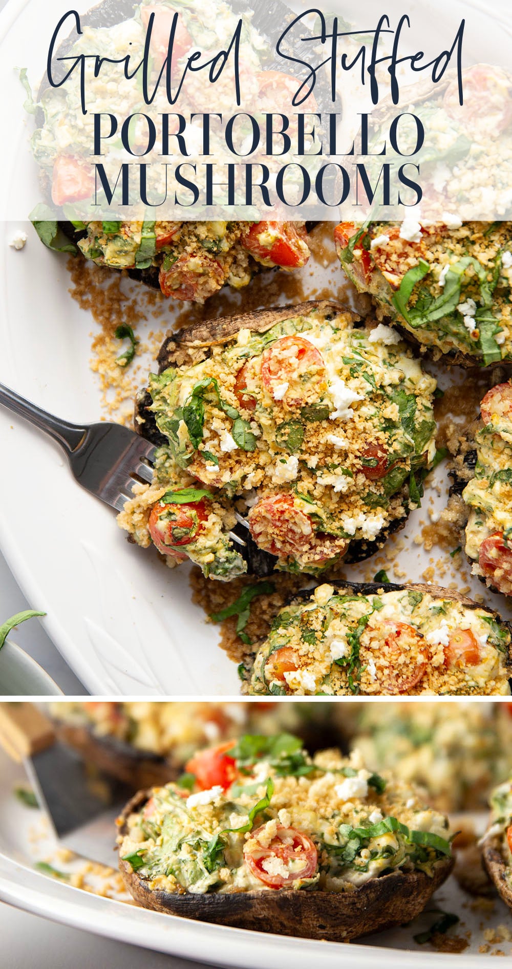 These stuffed portobello mushrooms include a fresh cherry tomato spinach feta filling stuffed into tender portobello caps and grilled for just a few minutes until perfectly tender and smoky.