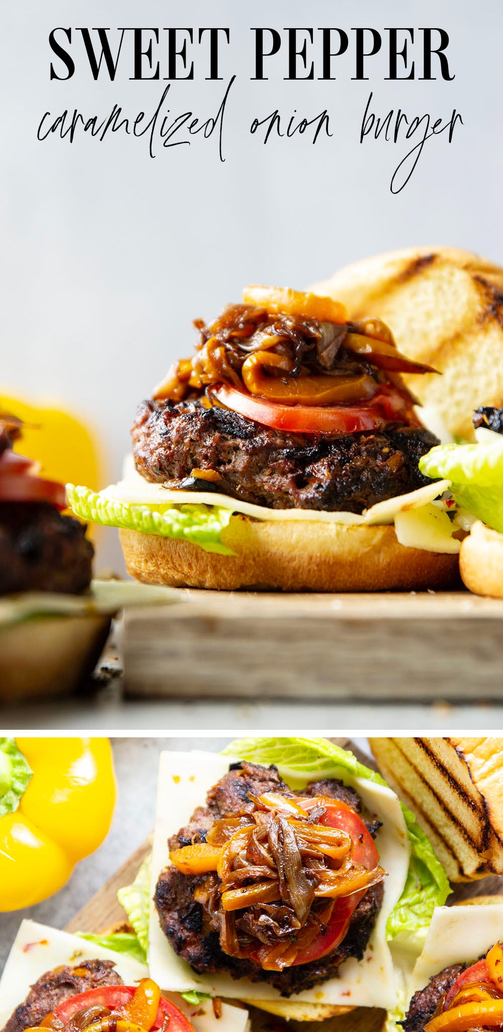 This juicy caramelized onion burger features caramelized onions and sweet peppers packed both inside the burger for extra flavor and more piled on top with a slice of pepperjack cheese and crisp lettuce.