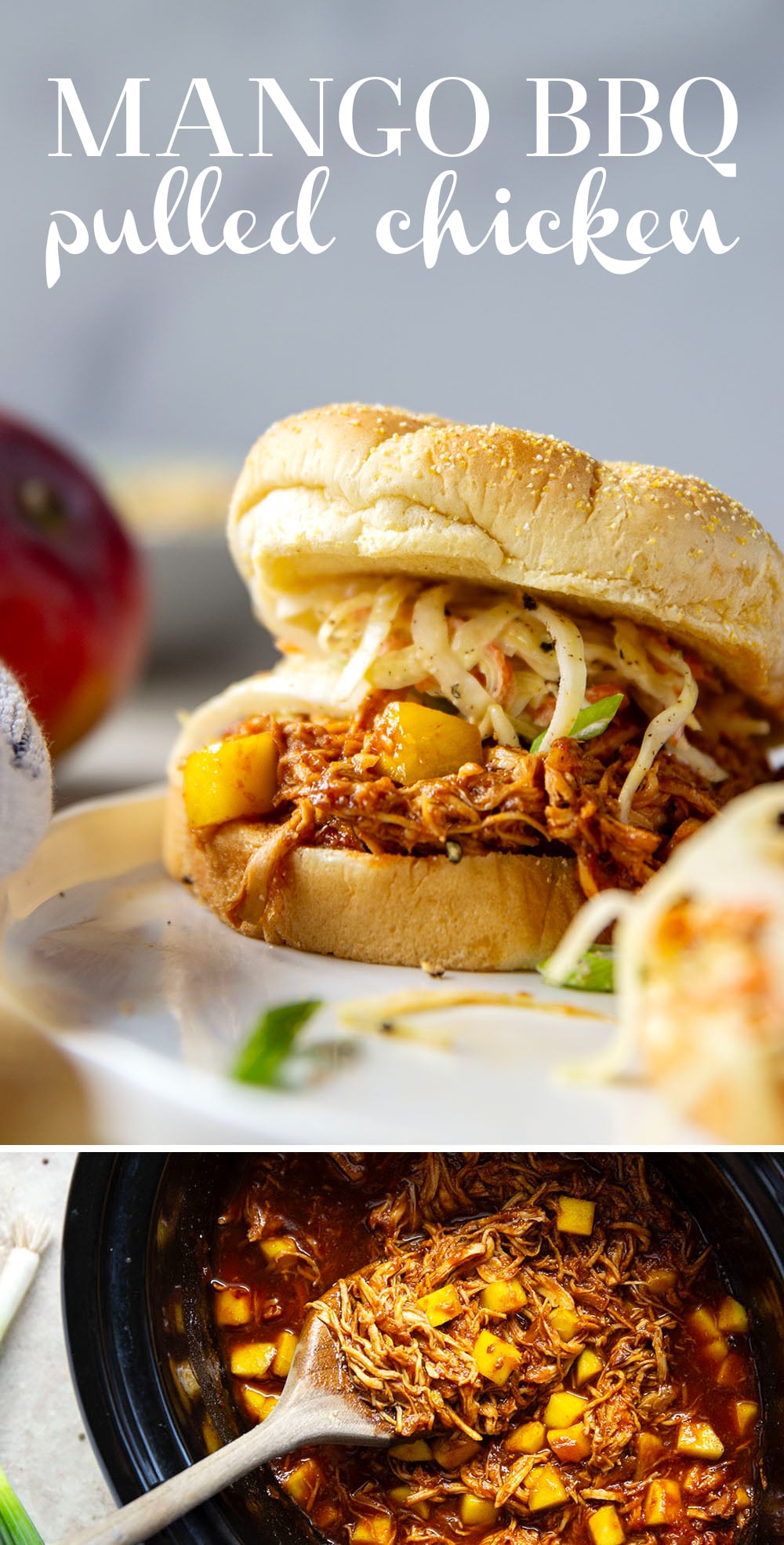 Slow cooked until perfectly fall-apart tender in lots of sweet mango and a homemade sauce, this pulled mango BBQ chicken makes the best summer sandwich with fresh slaw on top.