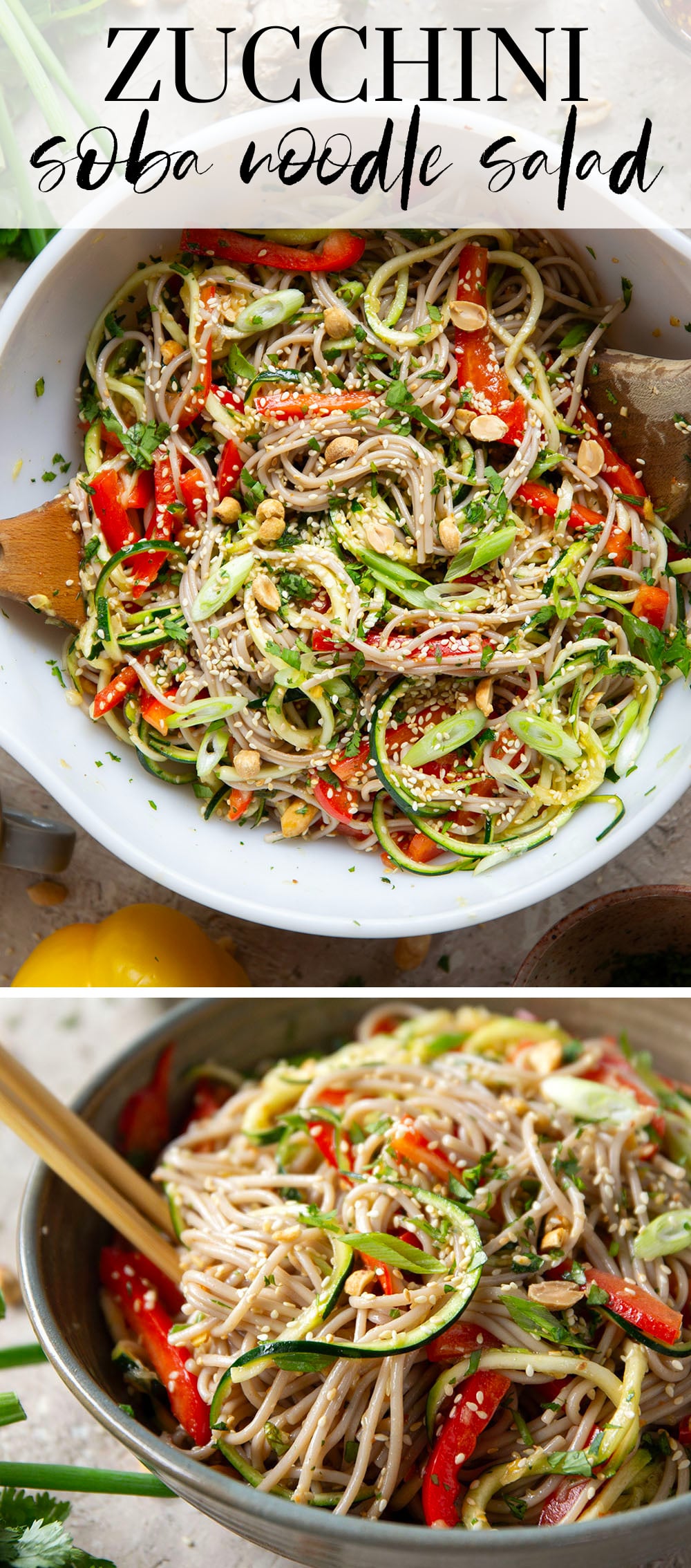 Zucchini and soba noodles are the perfect salad base in this zucchini soba noodle salad that features crunchy sweet peppers, lots of fresh herbs, and a flavorful fresh ginger sesame dressing.
