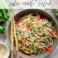 Zucchini and soba noodles are the perfect salad base in this zucchini soba noodle salad that features crunchy sweet peppers, lots of fresh herbs, and a flavorful fresh ginger sesame dressing.