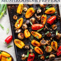 A mix of mushrooms and mini sweet peppers are marinated for hours in a flavorful soy marinade, grilled until tender and smoky, and topped with lots of green onions for an easy summer veggie side dish.