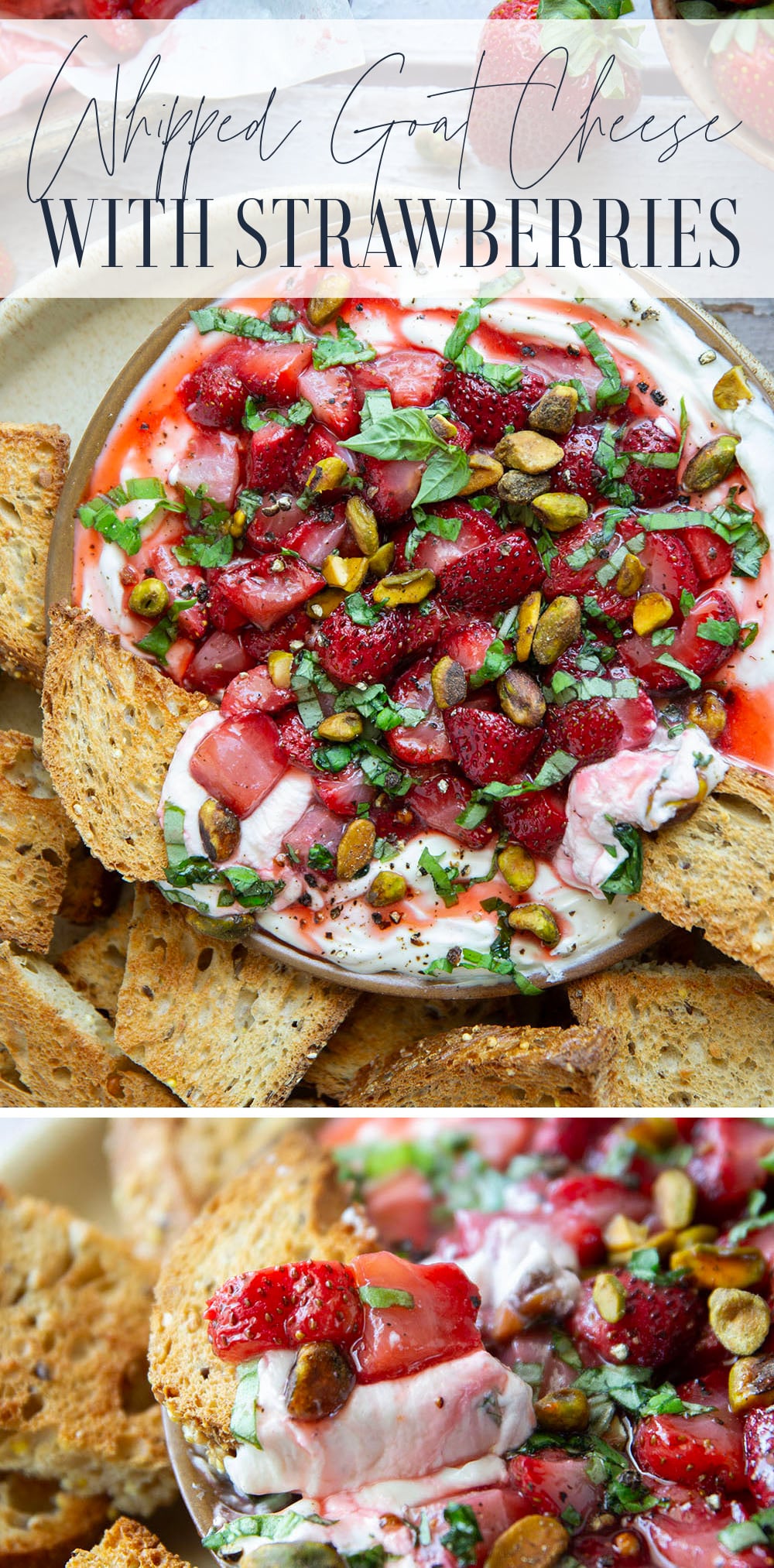 Silky whipped goat cheese is topped with juicy honey roasted strawberries and incredible served with crostini for dipping.