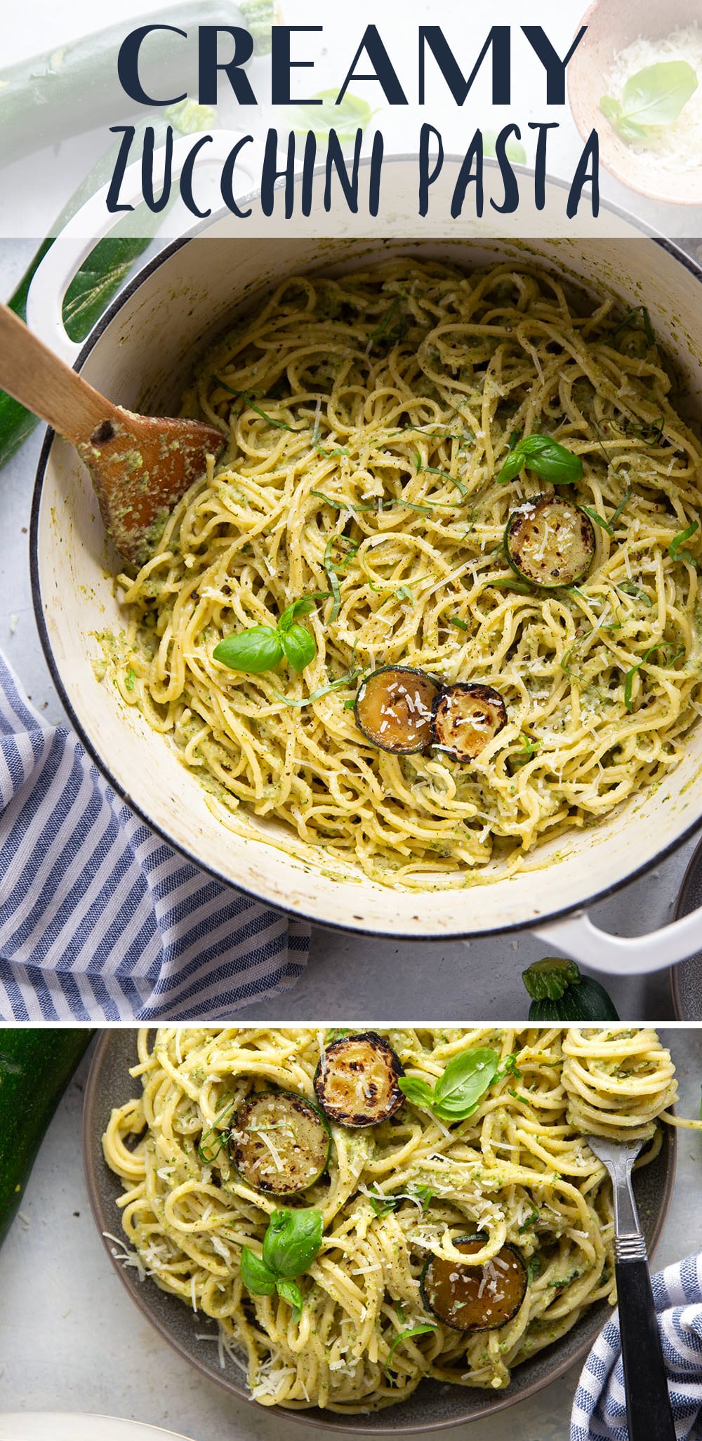 Sauteed zucchini gets blended down into a super creamy and velvety sauce along with lots of fresh basil and Parmesan cheese in this creamy zucchini pasta.