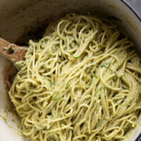 Sauteed zucchini gets blended down into a super creamy and velvety sauce along with lots of fresh basil and Parmesan cheese in this creamy zucchini pasta.