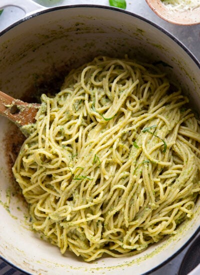 Sauteed zucchini gets blended down into a super creamy and velvety sauce along with lots of fresh basil and Parmesan cheese in this creamy zucchini pasta.