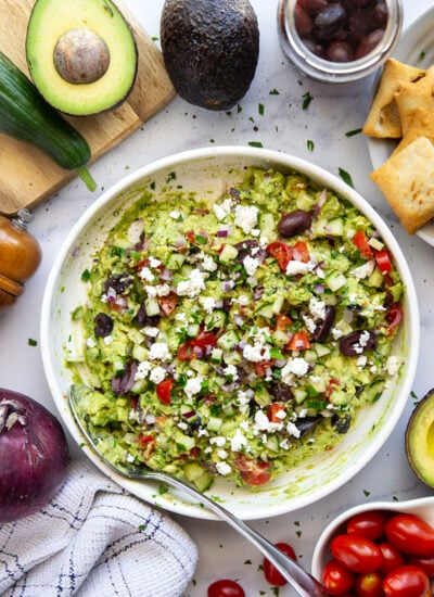 Packed with fresh Greek-inspired ingredients and ready in minutes, this Greek guacamole is unbelievably fresh-tasting and goes great with pita chips for dipping.