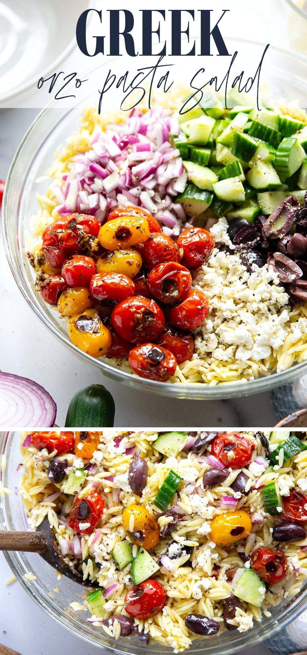 This colorful Greek orzo pasta salad is loaded with plenty of charred cherry tomatoes, crunchy cucumbers, lots of fresh feta, and tossed in a flavorful red wine vinaigrette for one stunning summer salad!