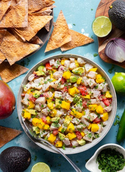 Fresh mango ceviche features fresh halibut, mango, and avocado cubes marinated in lots of fresh lime juice, cilantro, and jalapeno for a little spicy kick. Served with crispy wonton chips for the most fresh-tasting appetizer!
